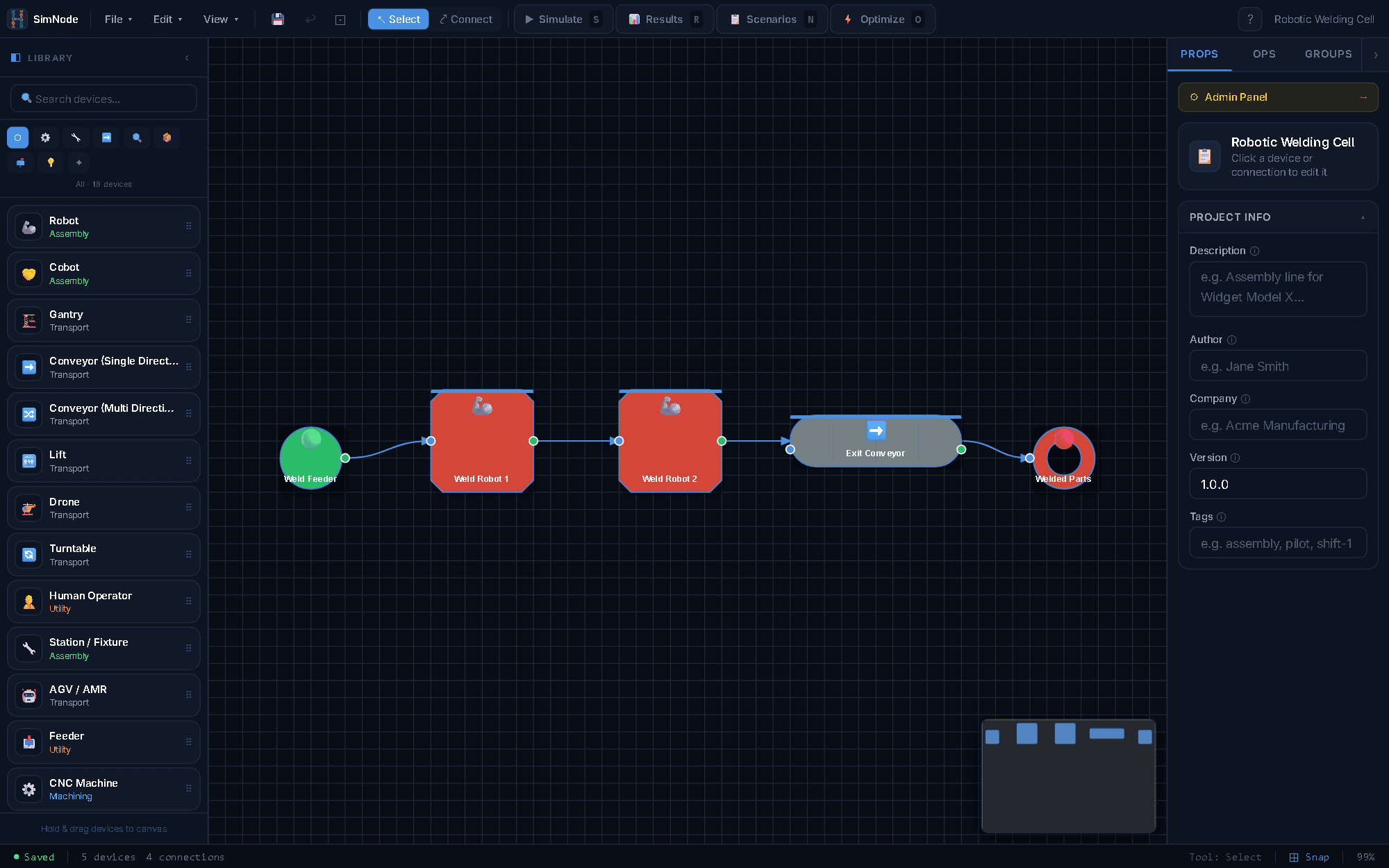 SimNode — factory simulation editor